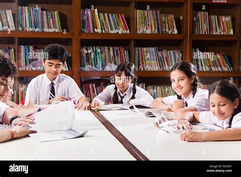 Group Indian School Kids Students Books Studying In Library Stock Photo