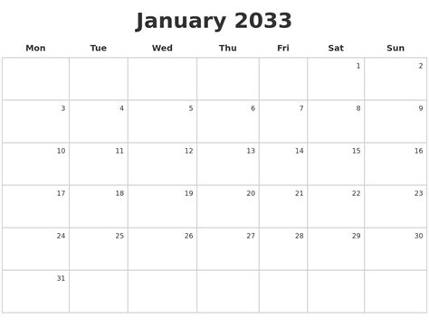 January 2033 Make A Calendar
