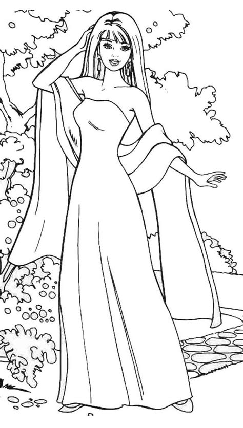 Coloring Barbie Wearing A Evening Gown Coloring Page With Markers The