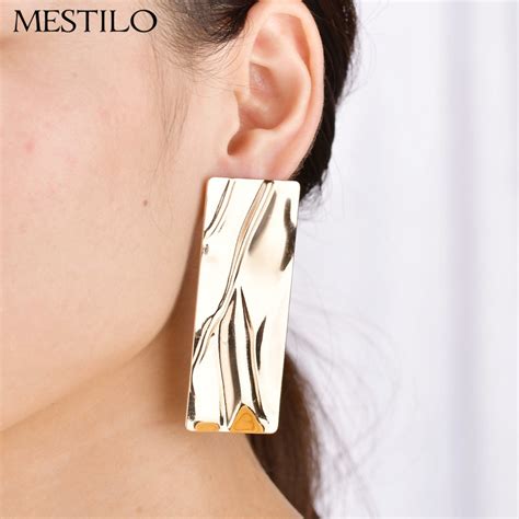Mestilo Exaggeration Punk Geometric Big Square Gold Metal Drop Earrings For Women Statement Long