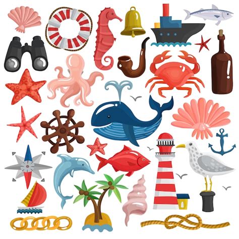 premium vector nautical elements and sea life set