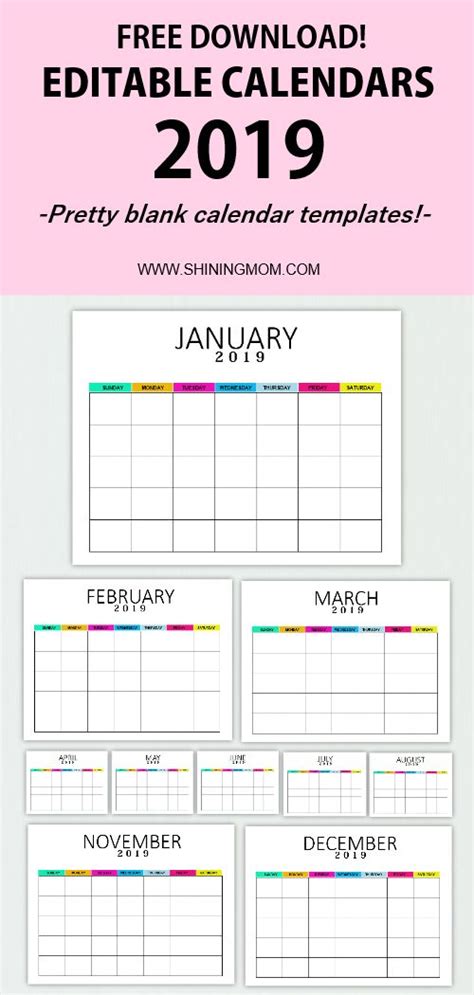 editable blank calendar  colorful monthly