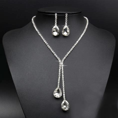 New Rhinestone Crystal Drop Necklace Earring Plated Jewelry Set For