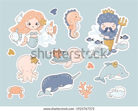 Cute Mermaids Sea Animals Stickers Illustration Stock Vector Royalty