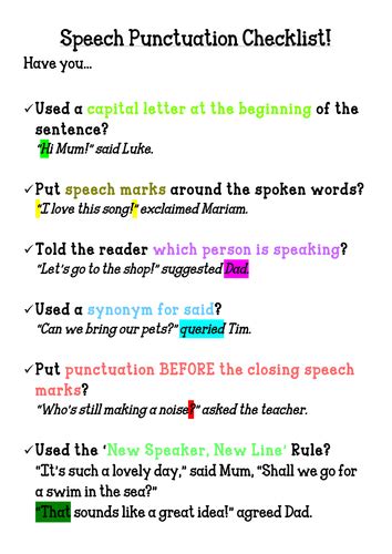 Speech Punctuation Checklist Poster By Sh2810 Teaching Resources Tes