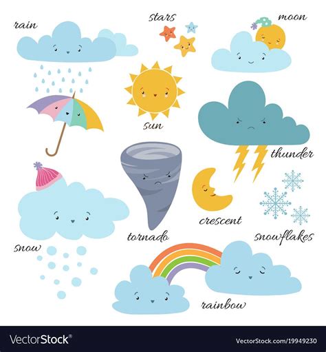 Cute Cartoon Weather Icons Forecast Meteorology Vector Image Weather