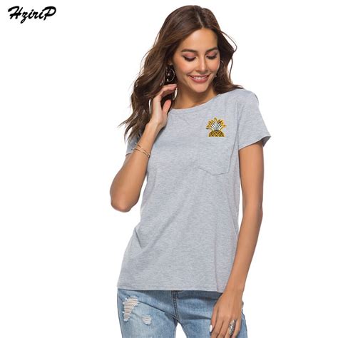 Hzirip 2018 New Pineapple Printed Pocket T Shirts Casual Tee Tops Summer Short Sleeve Female