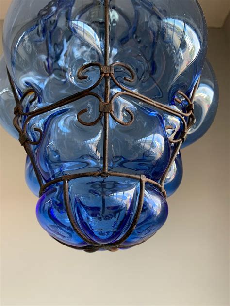Small Venetian Murano Pendant Light With Mouth Blown Blue