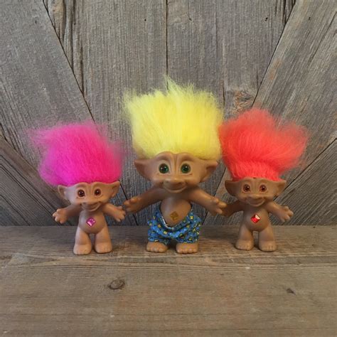 Vintage Troll Dolls 3 Treasure Trolls W Yellow Orange Pink Etsy