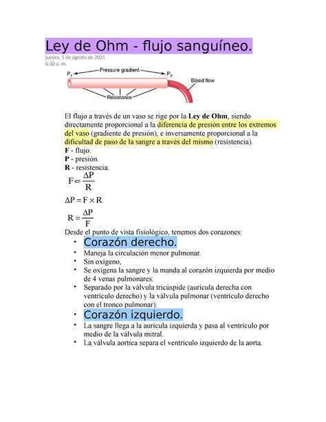 Fisiología De Sistemas Ii Ley De Ohm Flujo Sanguíneo Jueves 5 De