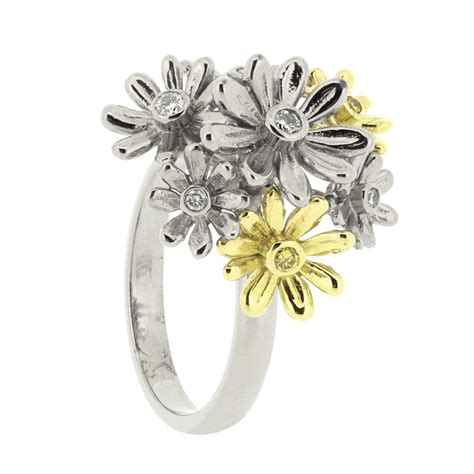 18ct Gold White And Yellow Diamond Daisy Cluster Ring Baroque Bespoke