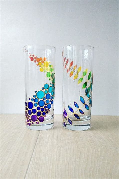 Rainbow Drinking Glasses Set Of 2 Hand Painted Floral Colorful Tumblers Custom Water Glasses