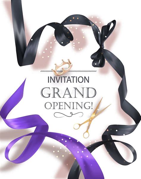Grand Opening Invitation Card With Beautiful Curly Ribbon And Gold