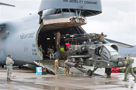 An Apache Attack Helicopter Is Being Unloaded From A Galaxy C 5