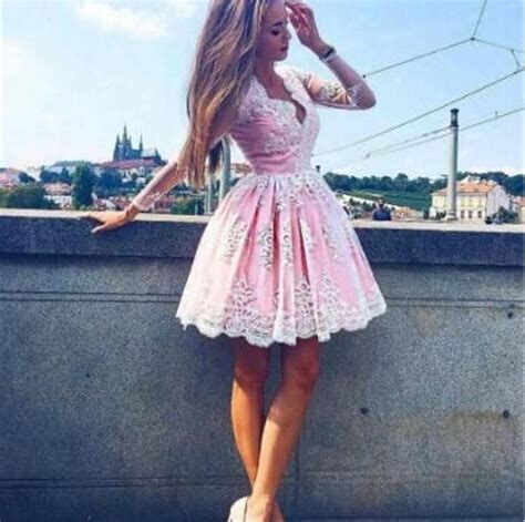 Pink 2018 Homecoming Dresses A Line V Neck Long Sleeves Short Mini Lace
