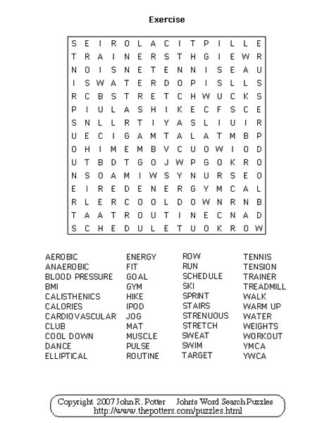 Exercise Word Search Printable