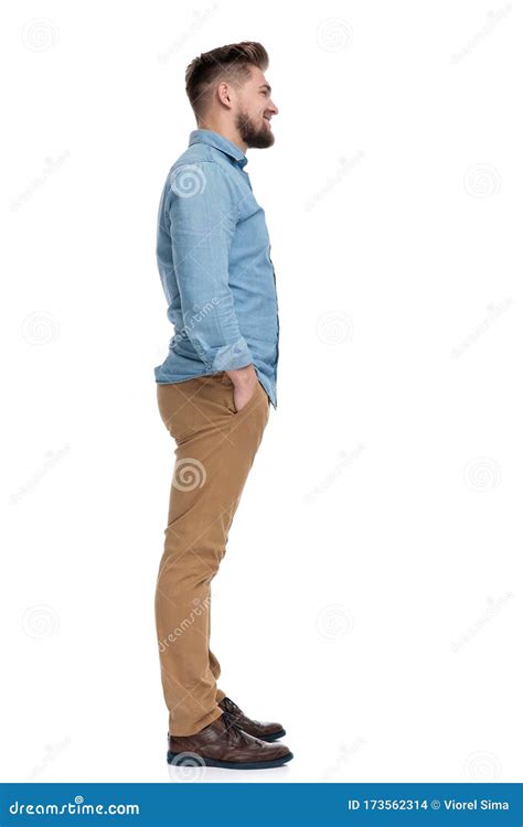 Side View Of A Positive Casual Man Standing Stock Photo Image Of