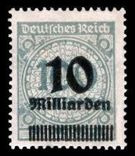 So wird jeder brief zum hingucker. Korbdeckel, Rosettenmuster und Posthorn, 100 Mio - mit Aufdruck 10 Mrd - Briefmarke Deutsches Reich