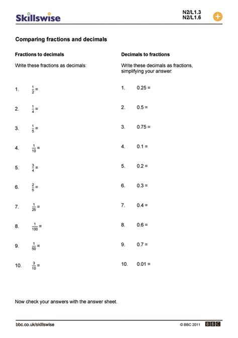 Comparing Fractions And Decimals Worksheet