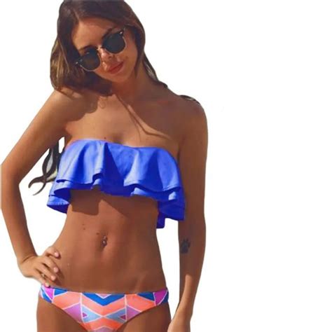 New Women Bikinis Set Off Shoulder Bandeau Ruffle Flounce Swimwear Wear Method Print Low Waist
