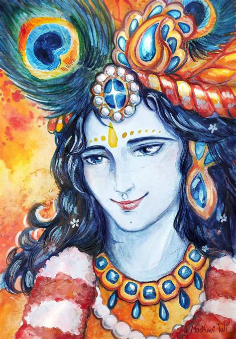 Original Watercolor Sri Krishna Portrait Original Artwork Etsy Watercolor Indian God