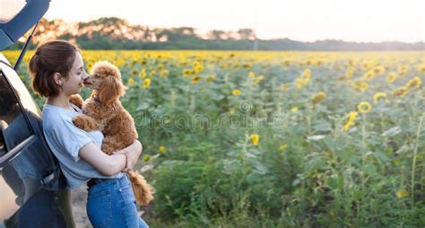 Young Woman With Her Dog Standing Near The Car Stock Image Image Of