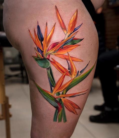 source a bird of paradise flower is a colorful, appealing addition to any tattoo design and can be displayed either alone or in a colorful, busy scene like this one. Pin on Tattoo ideas