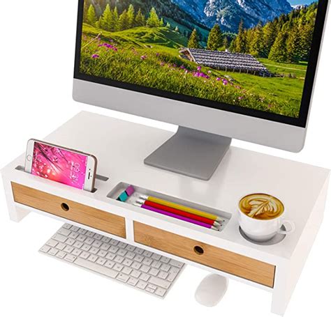 Computer Monitor Ständer mit Schubladen Weißes Holz für Laptop