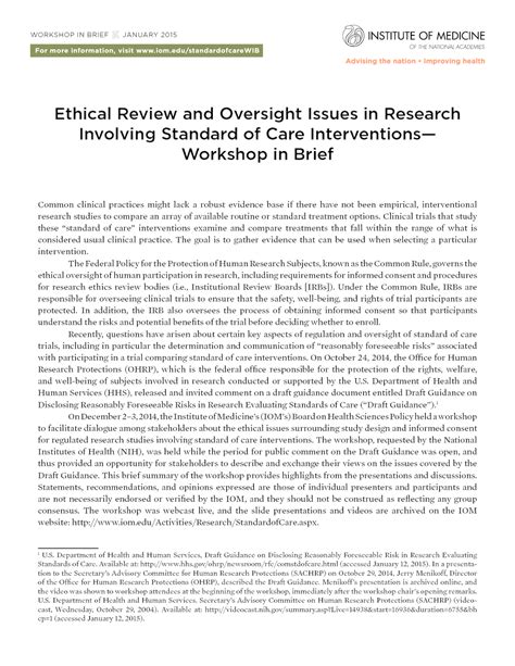 Ethical Review And Oversight Issues In Research Involving Standard Of Care Interventions