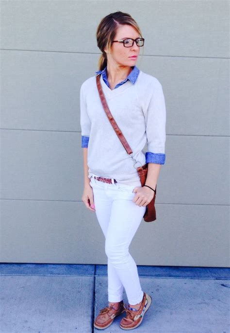 denim shirt beige sweater white pants plaid sperry s and a brown