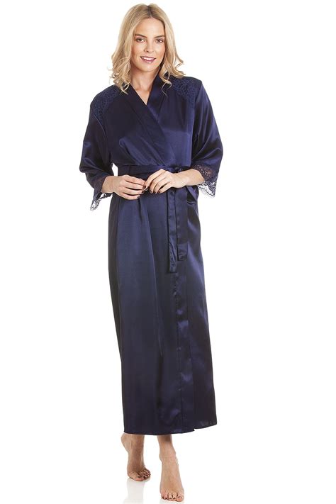 Womens Luxury Satin Long Laced Dressing Gown Robe Various Colours Uk
