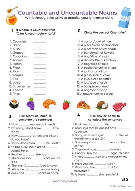 Countable And Uncountable Nouns Worksheets