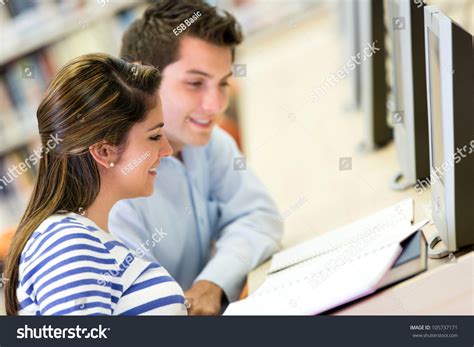 Happy College Students Studying Library Stock Photo 105737171