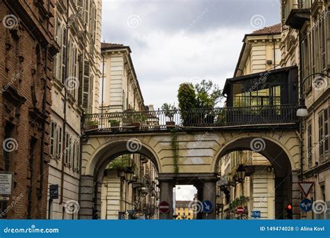 Turin Italy 25 May 2019 Passage With Plants And Turin Street View