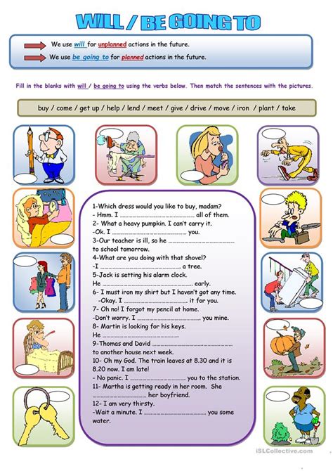 In this section, we are going to be looking at which times you will need to use 'will' and which times you will need to use 'going to.' this will make your speech and writing sound much. will vs be going to worksheet - Free ESL printable ...