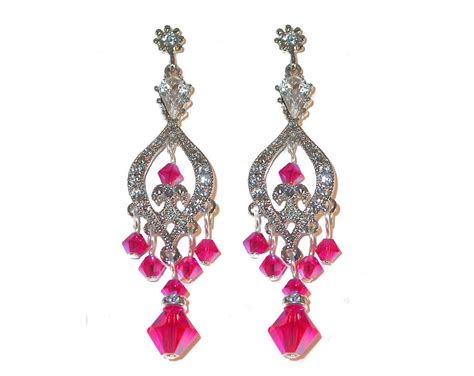 Hot Pink Crystal Chandelier Earrings Swarovski Elements Silver