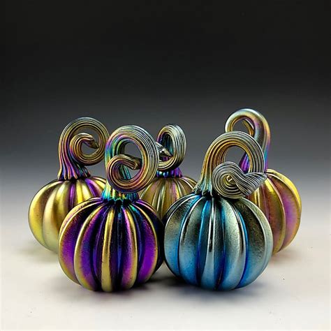 Five Blue And Gold Luster Pumpkins With Gold Stems By Donald Carlson