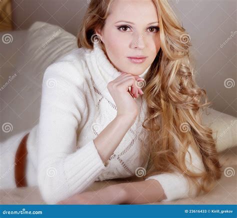 Girl In Sweater Laying On The Bed Stock Image Image Of Looking Adult