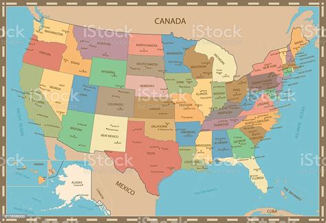 Perfect us map for office usa wall map: Highly Detailed Vintage Color Map Of United States Stock Illustration - Download Image Now - iStock