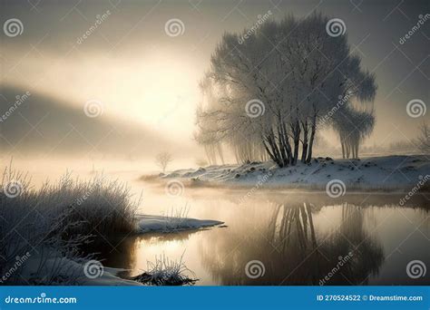 Winter Foggy Landscape With Lonely Tree And River Moody And
