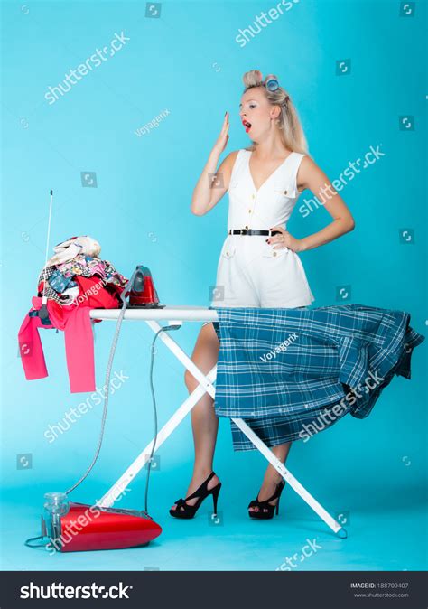 Full Length Sexy Girl Retro Style Ironing Male Shirt Tired Woman Housewife In Domestic Role
