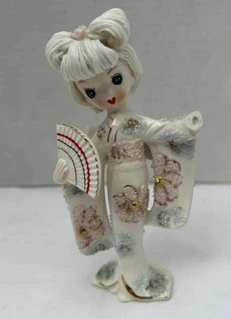 Vintage Napco Spaghetti Trimmed Japanese Geisha Girl Figurine With Fan