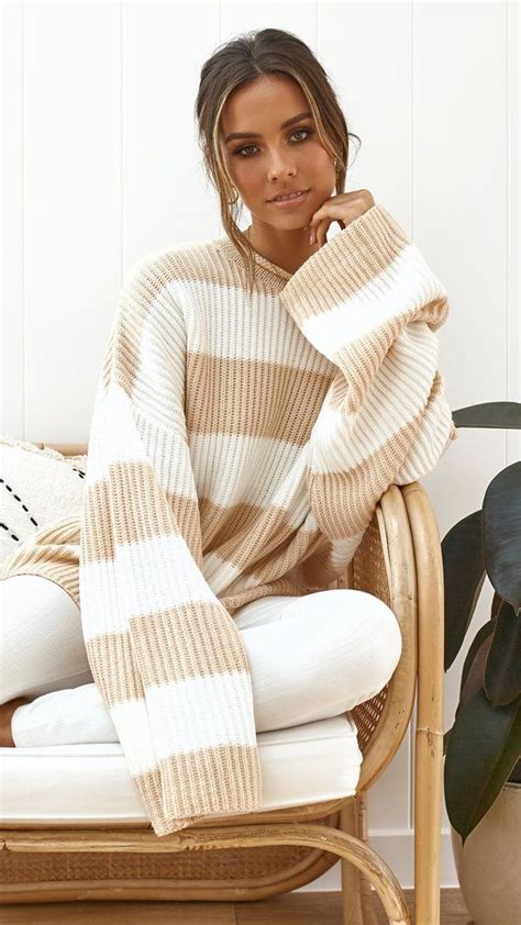 Kowa Knit Beige Stripe Oversized Striped Sweater Sweaters