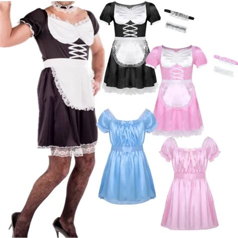 Mens Sissy Lingerie French Maid Uniform Shiny Satin Dress Fancy Costume