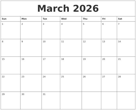 March 2026 Calendar For Printing