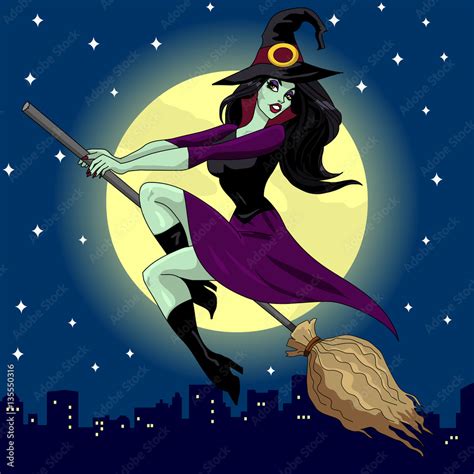 halloween sexy witch illustration flying over the city by the moon stock illustration adobe stock
