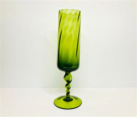 Vintage Empoli Italy Glass Twisted Stem Vase Olive Green Optic Etsy