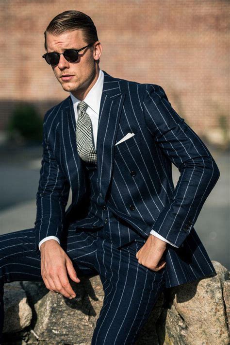 Navy Striped Men Suits Wide Peak Lapel Business Double Breasted Wedding