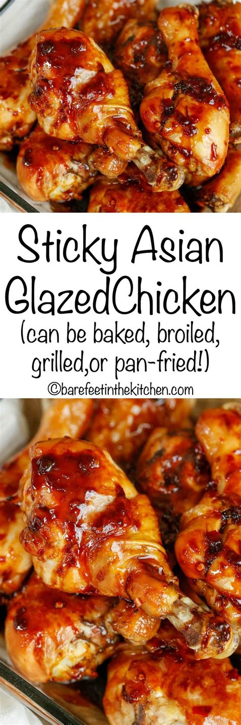 sticky asian glazed chicken can be baked broiled grilled or pan fried get the recipe at