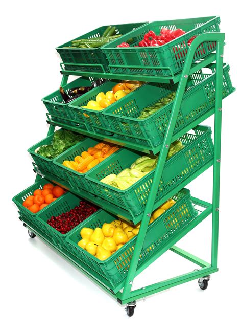 4 Tier Green Mobile Fruit And Veg Display 1300mm Fruit Shop Grocery